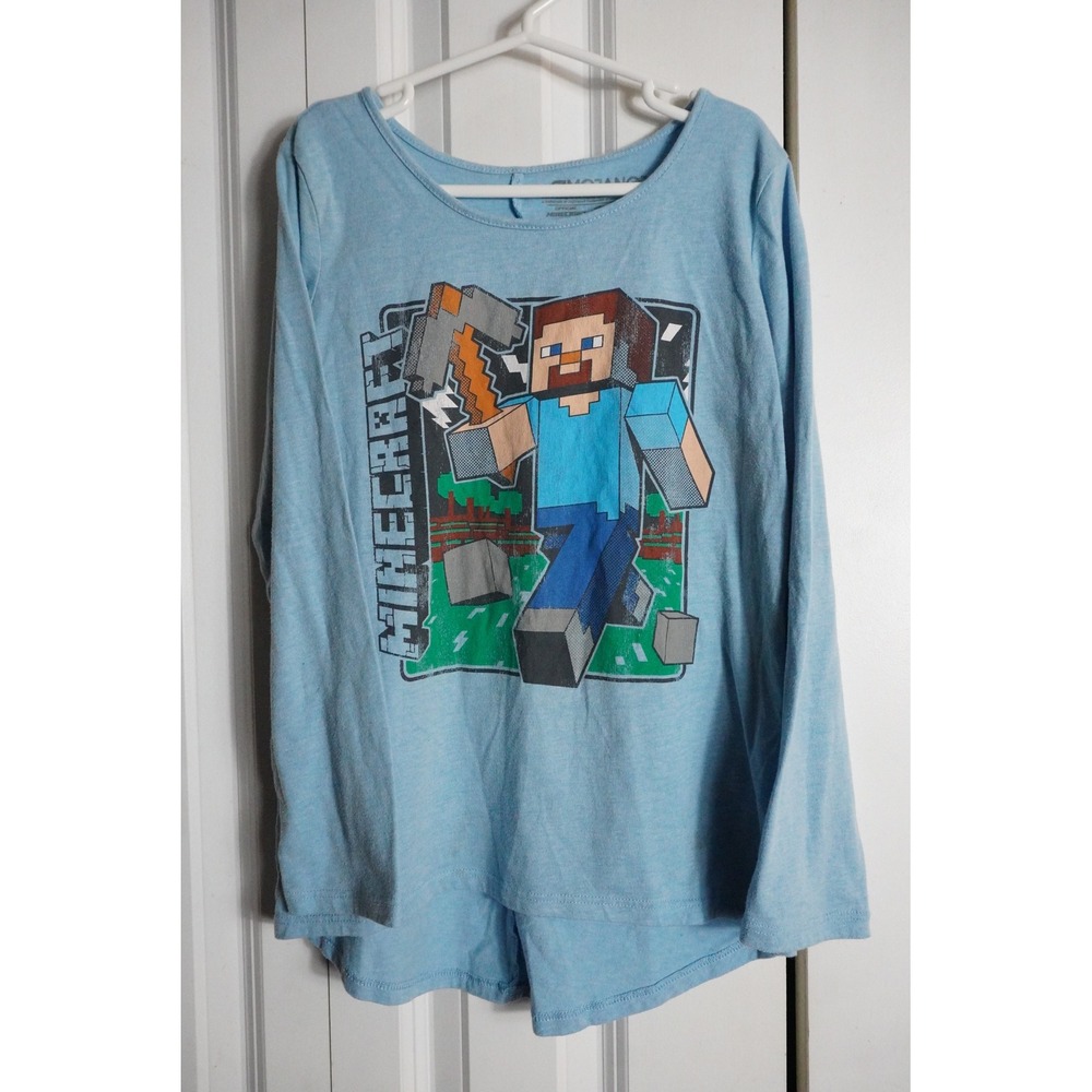 Mojang Minecraft Shirt Large 10/12 Graphic Steve High Low Hem Blue Long Sleeve